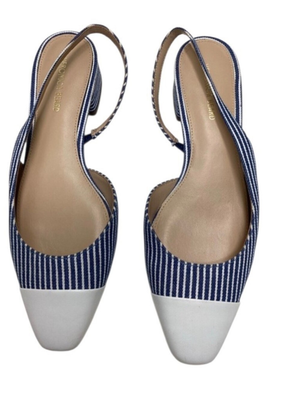 Veronica Beard Vero Cuoio Navy and White Striped Slingback Flats